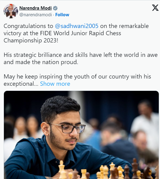 pm-congratulates-raunak-sadhwani-on-victory-at-the-fide-world-junior-rapid-chess-championship