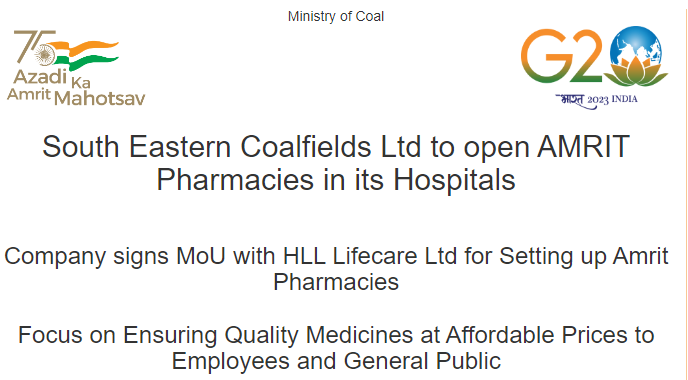 South Eastern Coalfields Ltd to open AMRIT Pharmacies in its Hospitals decoding=