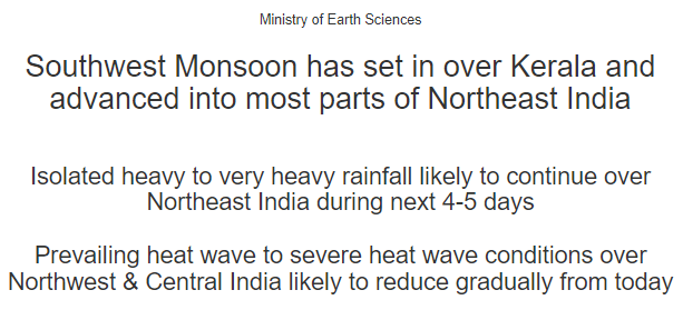 Southwest Monsoon has set in over Kerala and advanced into most parts of Northeast India decoding=