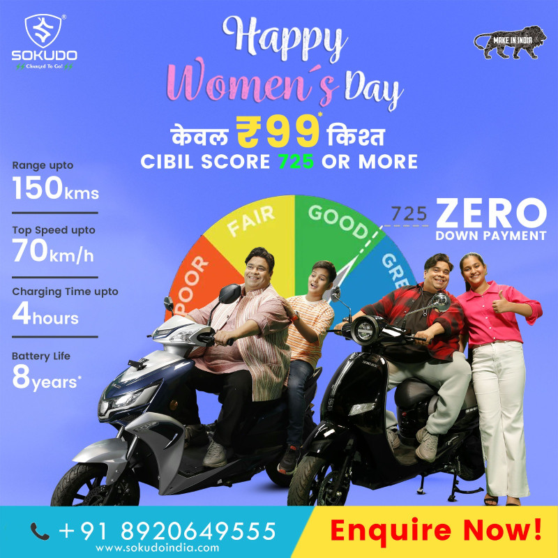 Sokudo Celebrates Women's Day with an Exclusive Rs.99 EMI Offer on all Electric Scooters decoding=