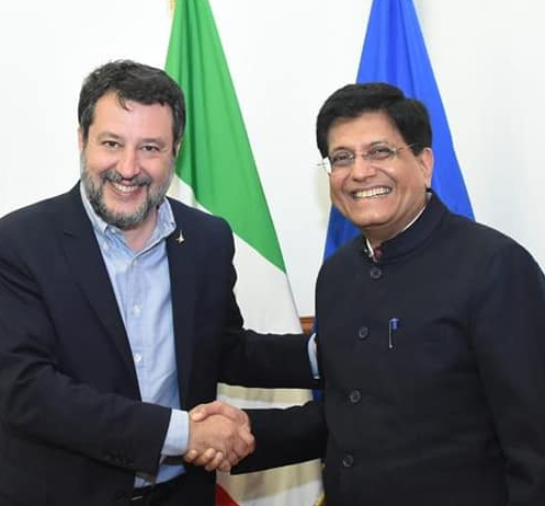 Piyush Goyal meets Mr Adolfo Urso, Minister for Enterprises and Made in Italy and Mr. Matteo Salvini, Deputy Prime Minister & Minister for Infrastructure and Sustainable Mobility decoding=