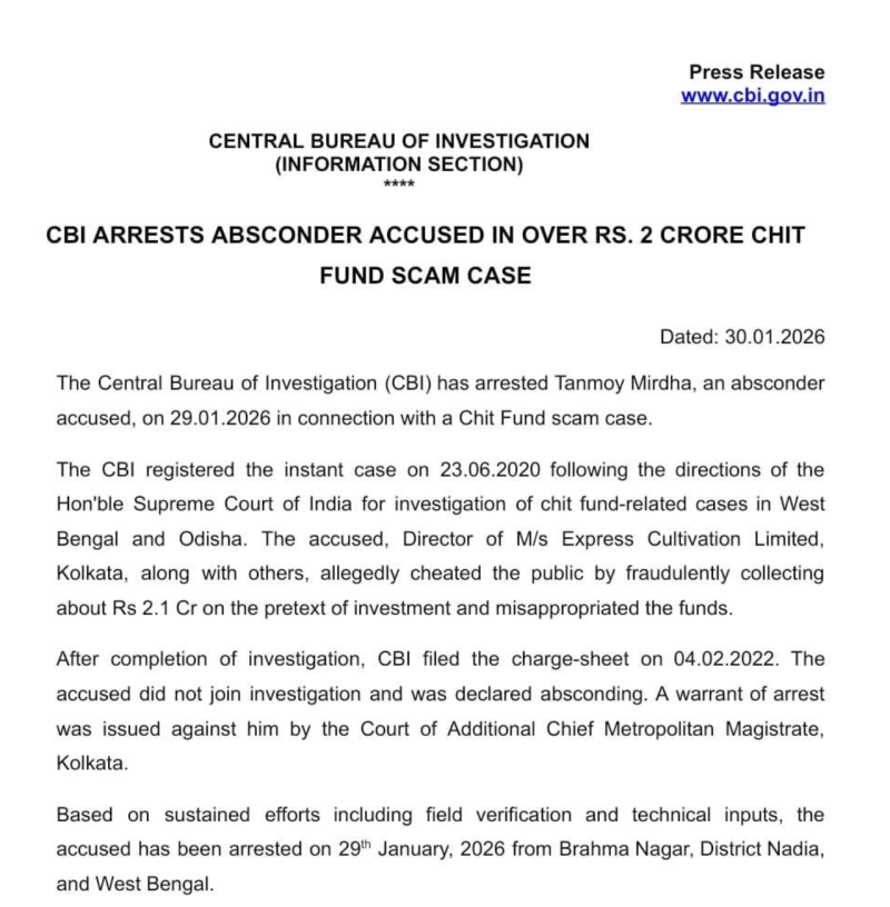 cbi-arrests-absconding-accused-in-21-crore-chit-fund-scam-case-in-west-bengal
