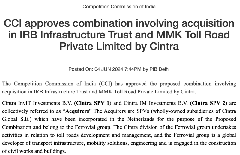 CCI approves combination involving acquisition in IRB Infrastructure Trust and MMK Toll Road Private Limited by Cintra decoding=
