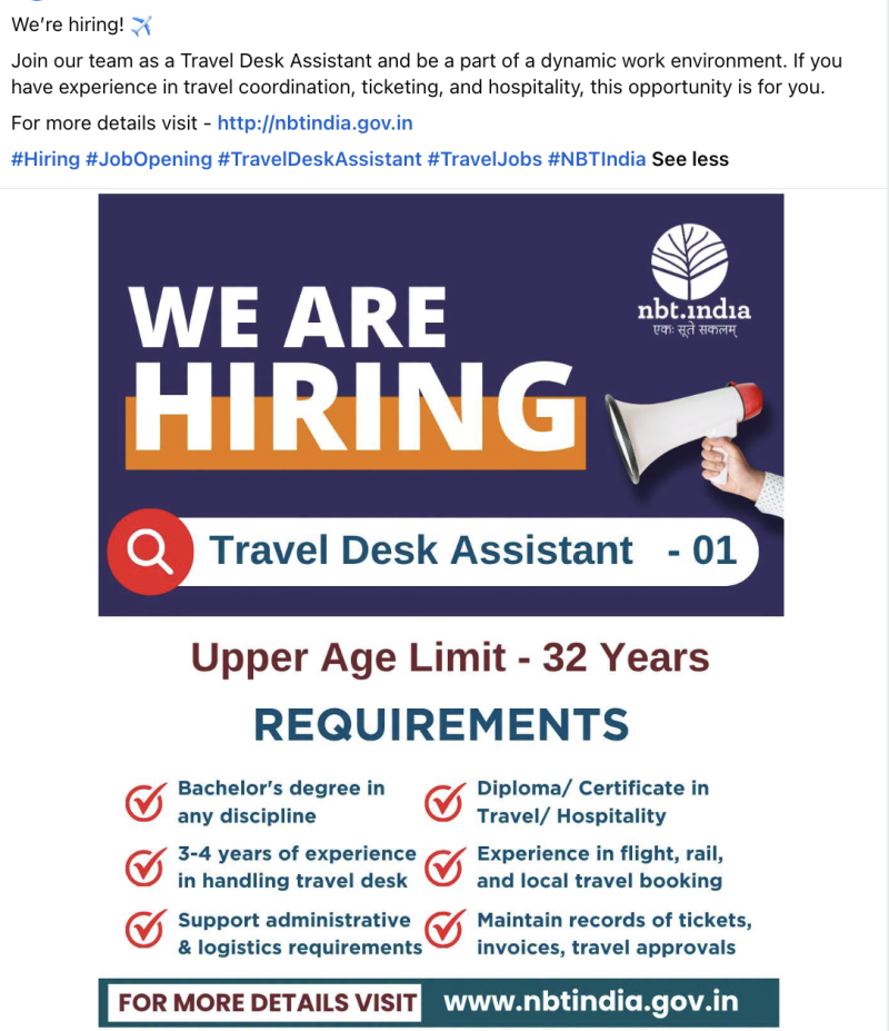 NBT India Hiring Travel Desk Assistant; Applications Invited for Travel Coordination & Hospitality Role decoding=