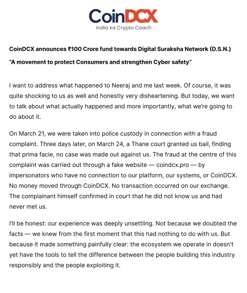 After Arrest in Fake Website Fraud Case, CoinDCX Unveils ₹100 Crore Digital Suraksha Network to Fight Cyber Scams decoding=