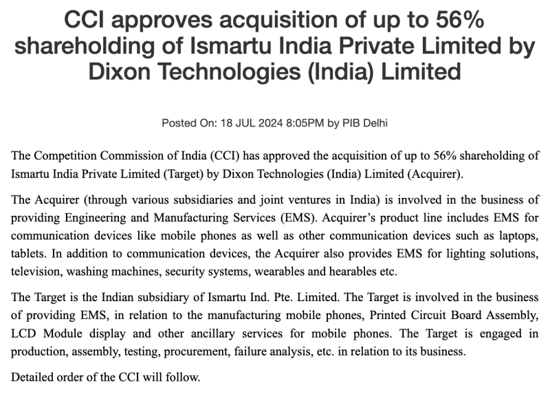 CCI approves acquisition of up to 56% shareholding of Ismartu India Private Limited by Dixon Technologies (India) Limited decoding=