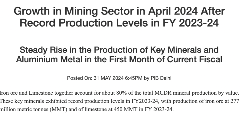 Growth in Mining Sector in April 2024 After Record Production Levels in FY 2023-24 decoding=