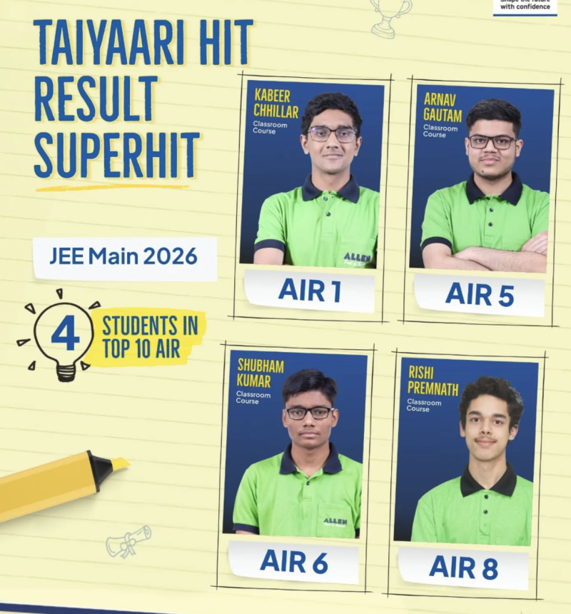 Kabeer Chhillar (AIR 1) Leads ALLEN Stars in JEE Main 2026; Arnav Gautam, Shubham Kumar, Rishi Premnath Shine decoding=