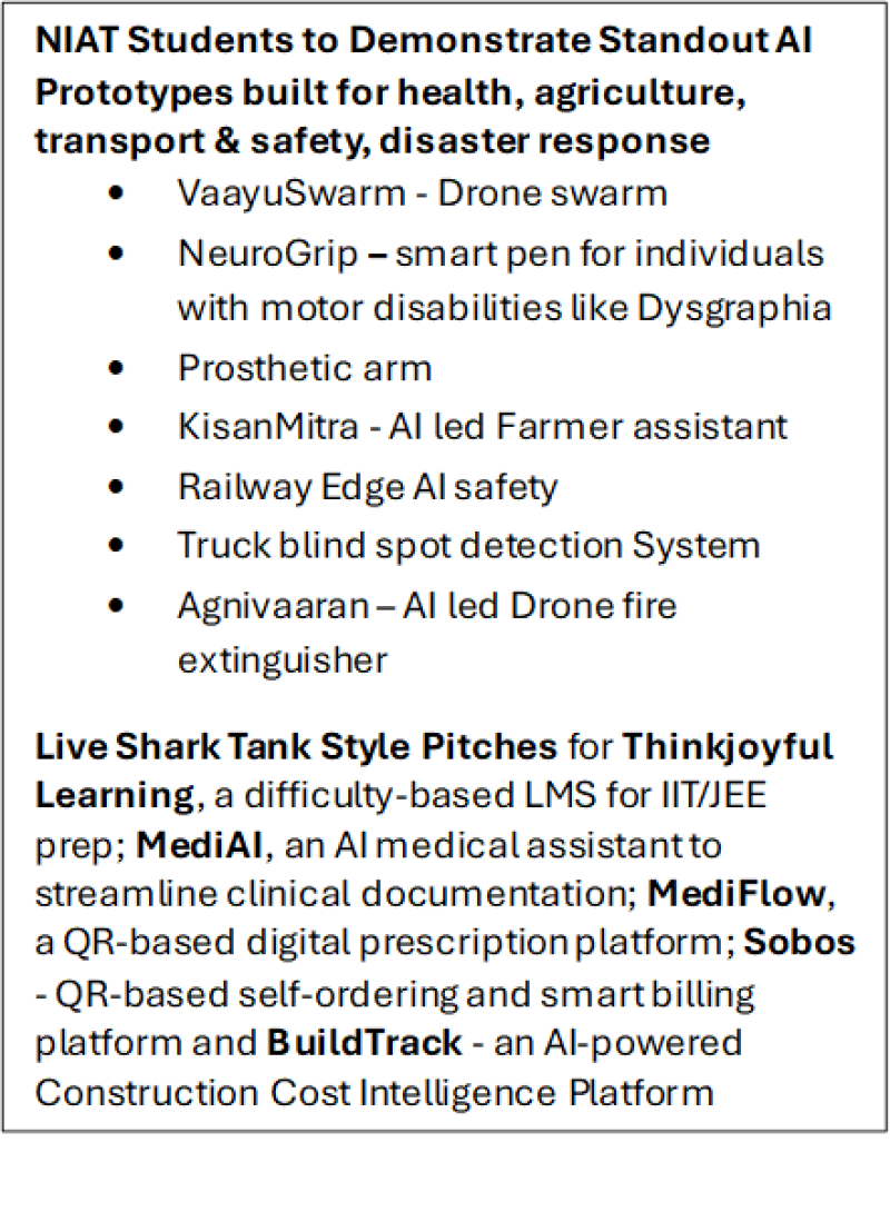 NIAT Students to Demonstrate Standout AI Prototypes built for health, agriculture, transport & safety, disaster response •	VaayuSwarm - Drone swarm •	NeuroGrip – smart pen for individuals with motor disabilities like Dysgraphia •	Prosthetic arm  •	KisanMitra - AI led Farmer assistant  •	Railway Edge AI safety  •	Truck blind spot detection System •	Agnivaaran – AI led Drone fire extinguisher  Live Shark Tank Style Pitches for Thinkjoyful Learning, a difficulty-based LMS for IIT/JEE prep; MediAI, an AI medical assistant to streamline clinical documentation; MediFlow, a QR-based digital prescription platform; Sobos - QR-based self-ordering and smart billing platform and BuildTrack - an AI-powered Construction Cost Intelligence Platform