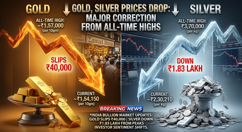 Gold, Silver Prices Drop: Gold Slips ₹40,000, Silver Down ₹1.83 Lakh From All-Time Highs decoding=