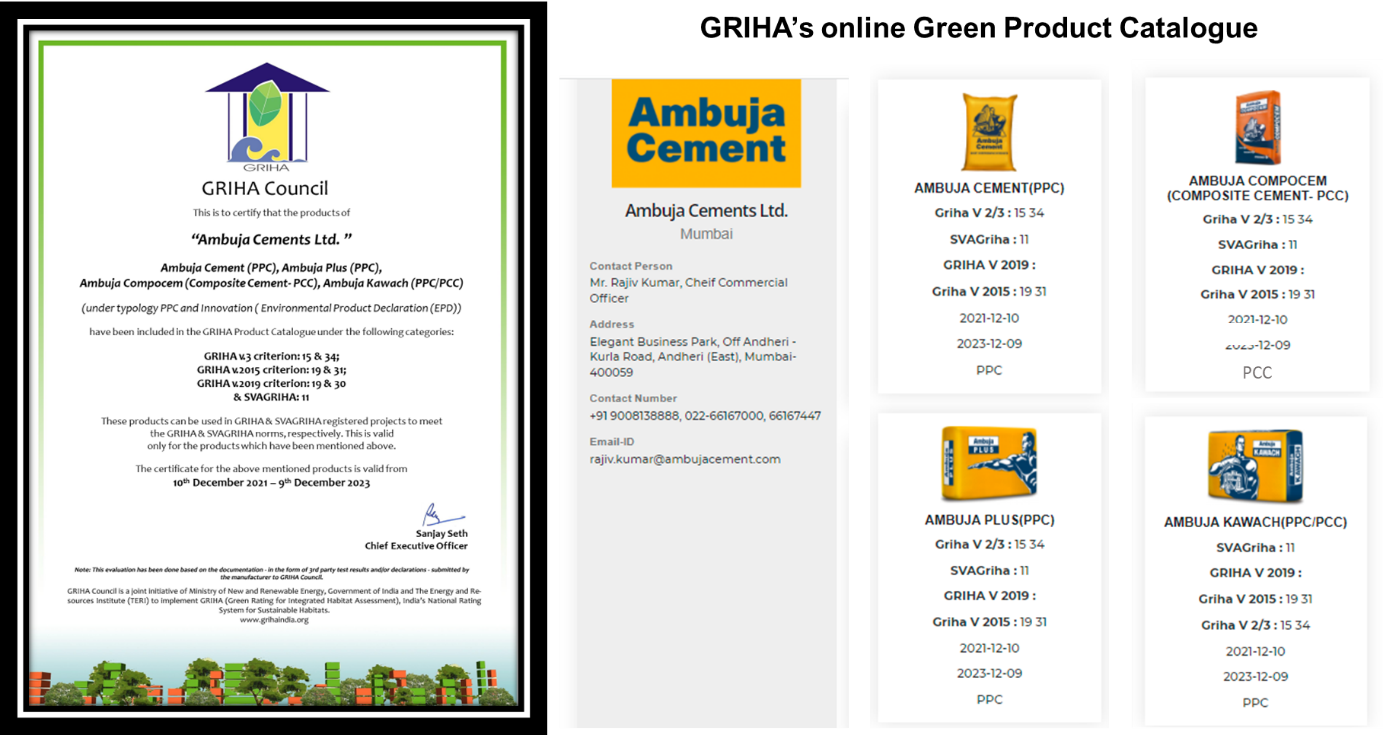 Ambuja’s Blended Cement listed in GRIHA’s Green Product Catalogue decoding=