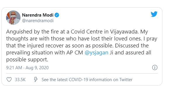 PM expresses grief over the loss of lives due to fire at Covid Centre in Vijayawada decoding=