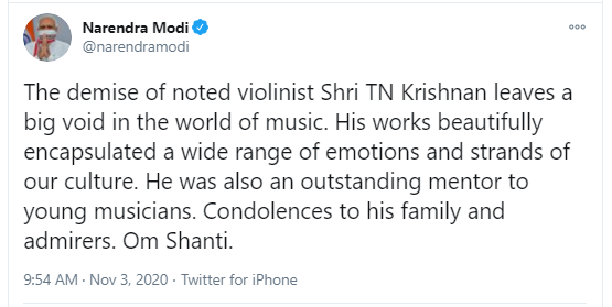 PM condoles the passing away of noted violinist Shri TN Krishnan decoding=