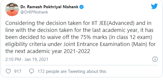 75-marks-waive-off-in-class-12-exam-eligibility-criteria-under-jee-main-for-the-next-academic-year-2021-2022