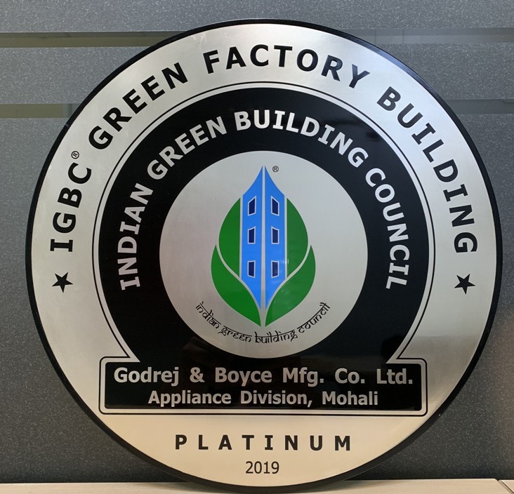 Godrej Appliances’ Mohali manufacturing unit awarded the “Green Factory Platinum” certification by IGBC