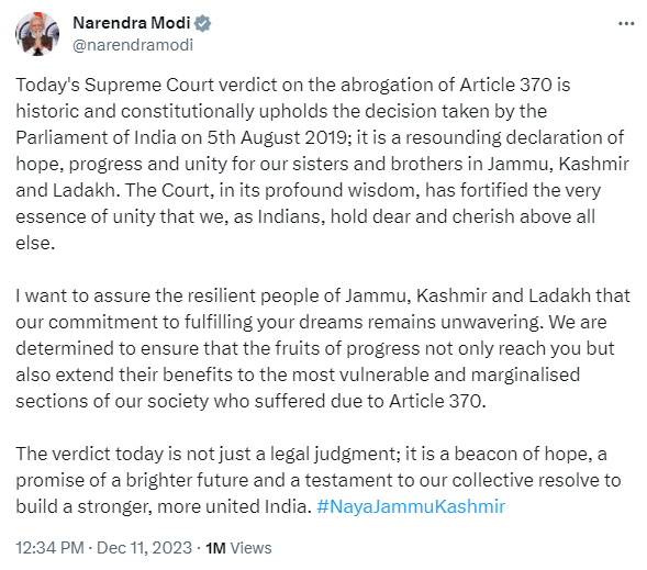 PM Narendra Modi Tweeted for SC verdict on Article 370 decoding=