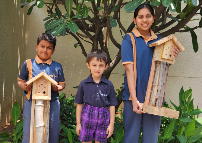 Students of EKYA School introduced to the new Bee Hotel Initiative to promote sustainability decoding=