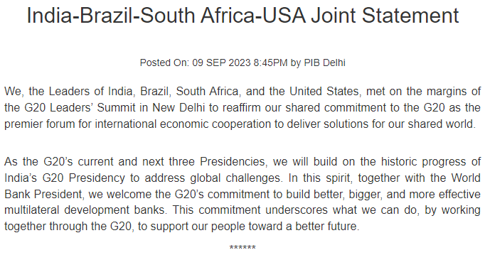 G20 Leadersâ€™ Summit in New Delhi: India-Brazil-South Africa-USA Joint Statement