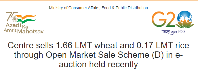 Centre sells 1.66 LMT wheat and 0.17 LMT rice through Open Market Sale Scheme (D) in e-auction held recently decoding=