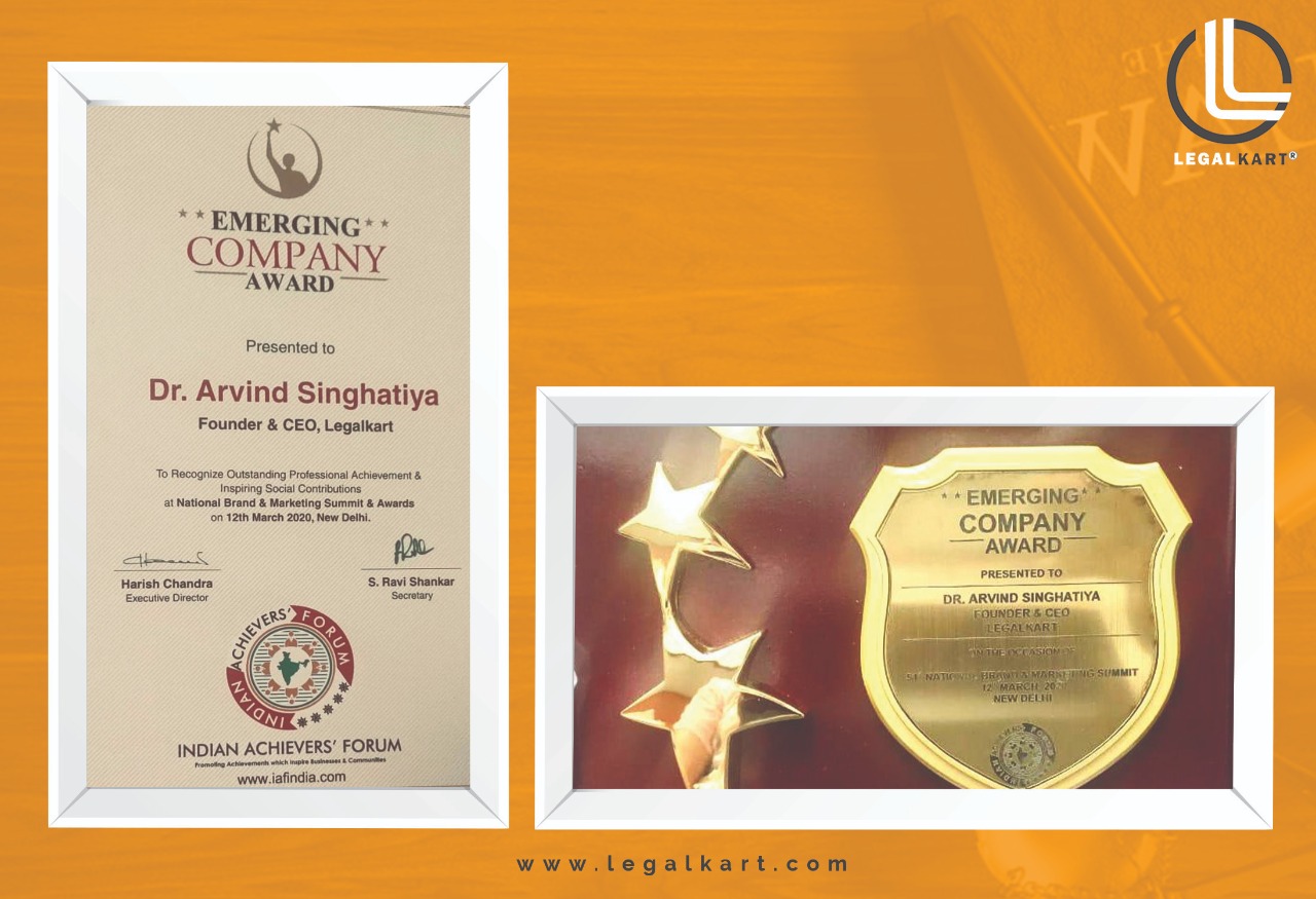 Legaltech Startup ‘LegalKart’ Wins the Emerging Company Award 2020 by the ‘Indian Achievers Forum’ decoding=