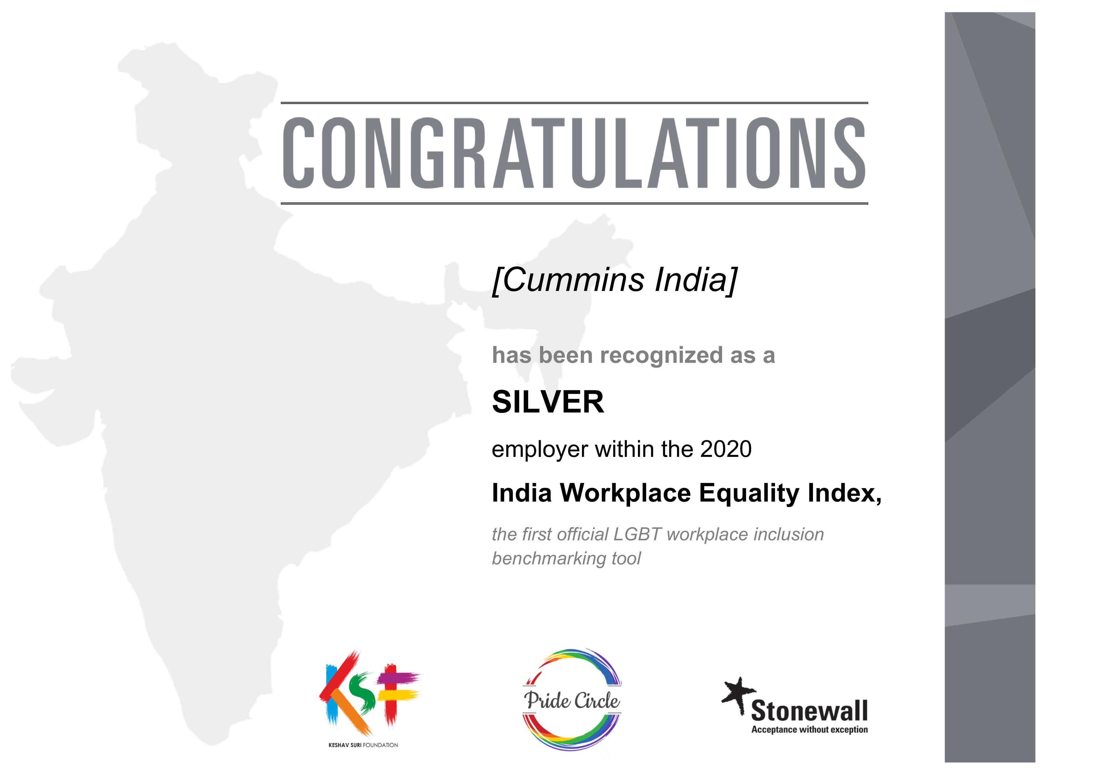 Cummins India has been recognized as a “Silver” employer within the 2020 India Workplace Equality Index decoding=