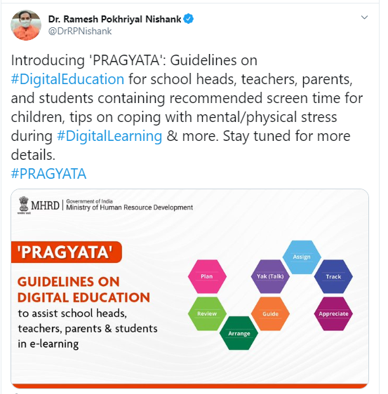 Union HRD Minister virtually releases PRAGYATA Guidelines on Digital Education decoding=