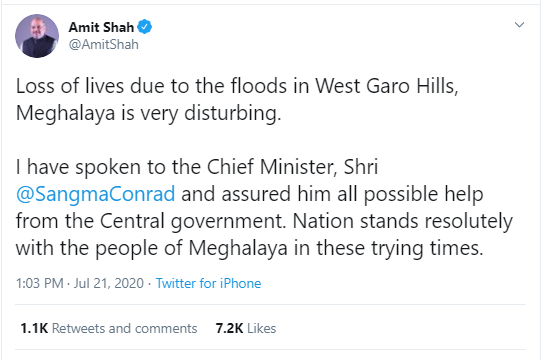 Amit Shah expressed his grief over the loss of precious lives due to the floods in West Garo Hills, Meghalaya decoding=