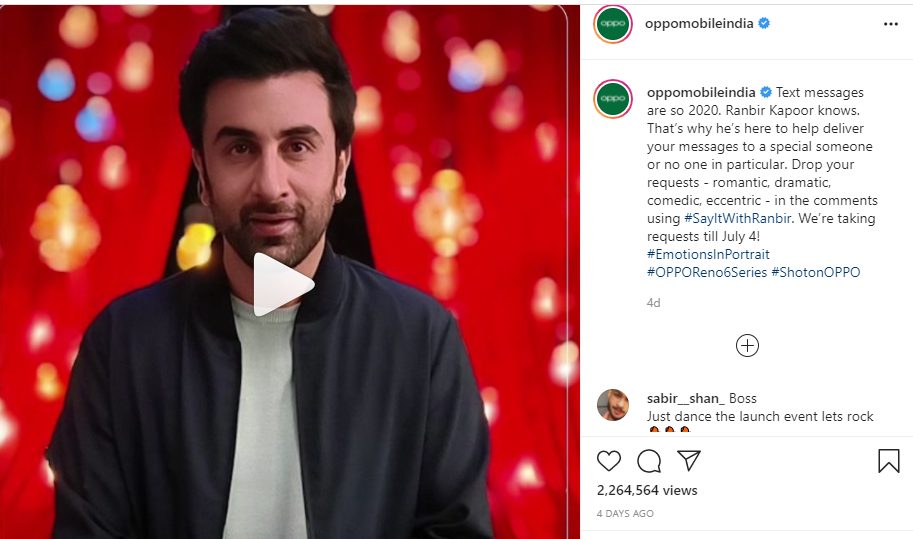 Ranbir Kapoor will relay your personal messages to your dear ones in full on filmy style: OPPO’s #SayItWithRanbir campaign decoding=