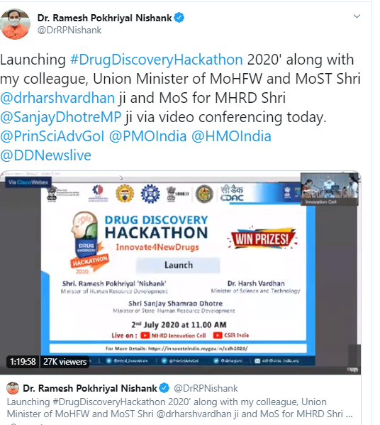 Union HRD Minister and Union Health Minister jointly launch the Drug Discovery Hackathon 2020 (DDH2020) decoding=