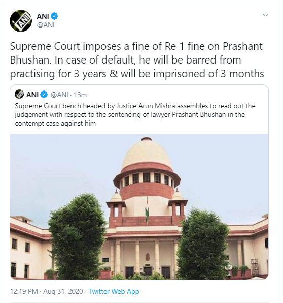 Supreme Court imposes a fine of Re 1 fine on Prashant Bhushan-ANI Agency decoding=