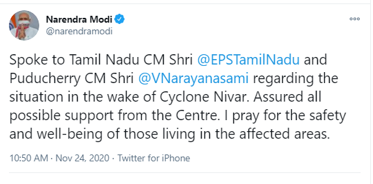 pm-speaks-to-tn-cm-and-puducherry-cm-regarding-the-situation-in-the-wake-of-cyclone-nivar