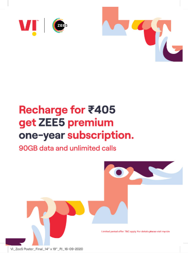 One year ZEE5 premium subscription EXCLUSIVELY for Vi customers with INR 405 Recharge decoding=