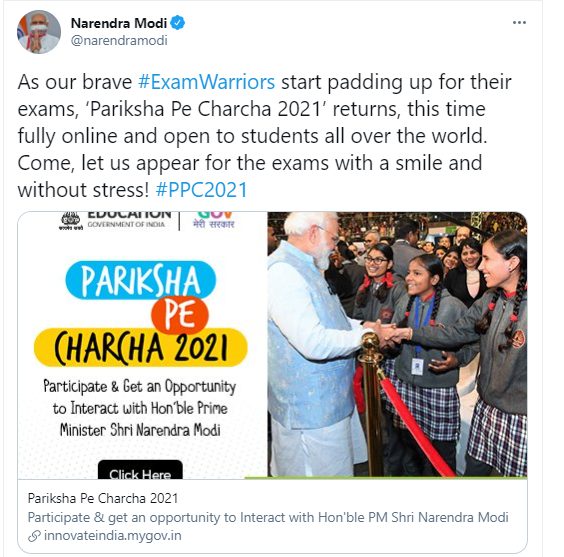 PM to interact with students, teachers and parents during ‘Pariksha Pe Charcha 2021’ decoding=