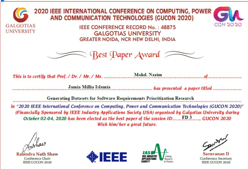 JMI research scholar gets Best Paper Award 2020 decoding=