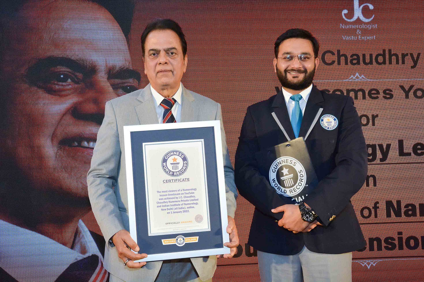 Renowned Numerologist Mr J. C. Chaudhry conferred with Guinness World Record-2022 for the most viewers of a live session on Numerology decoding=