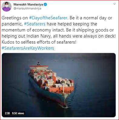 Shri Mandavia acknowledges the contribution of Seafarers in continuing the wheels of economy moving during the pandemic decoding=